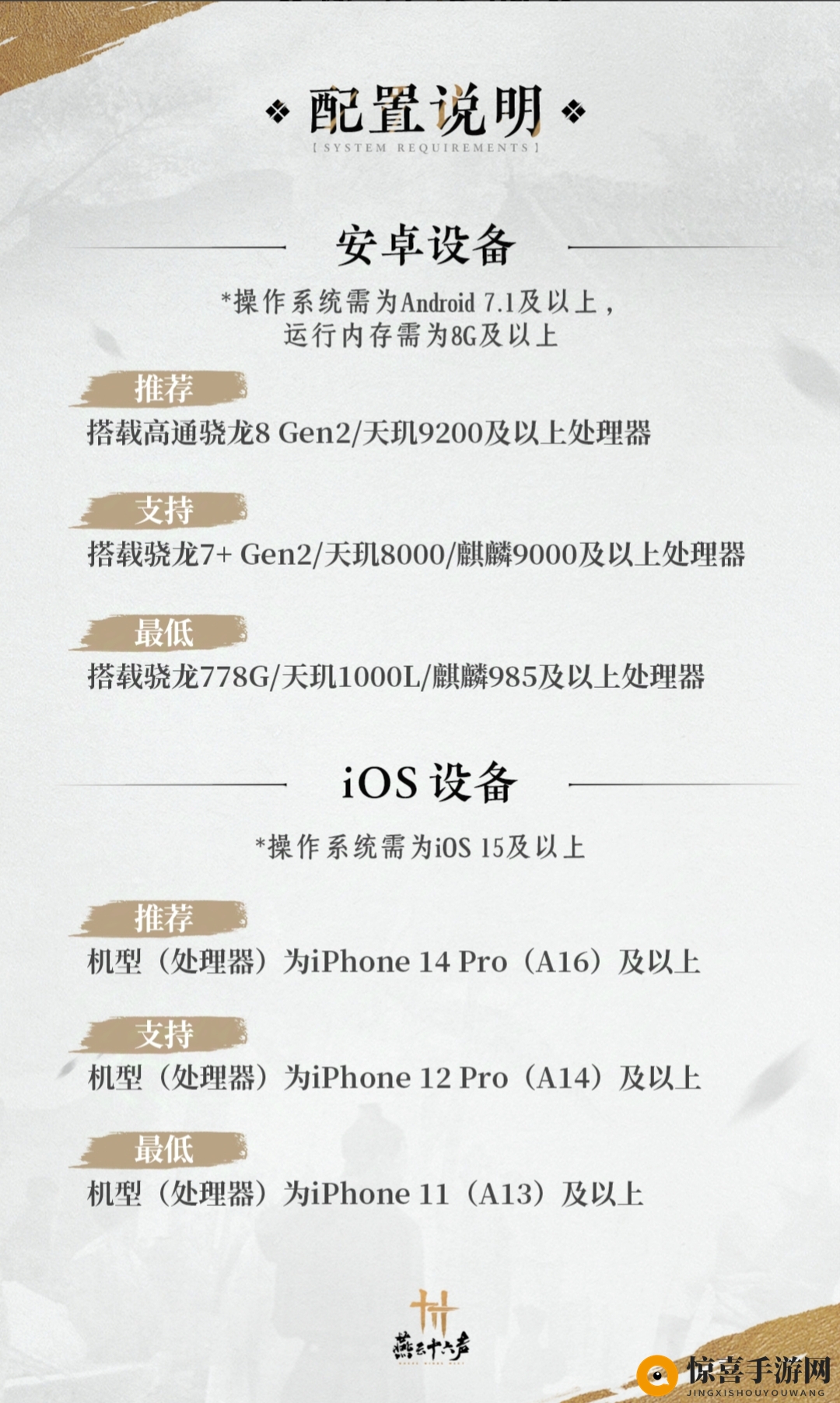 《燕云十六声》iOS安卓手机配置一览